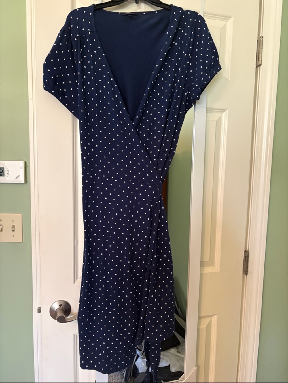Lands' End Navy with White Polka Dot Wrap Midi Dress